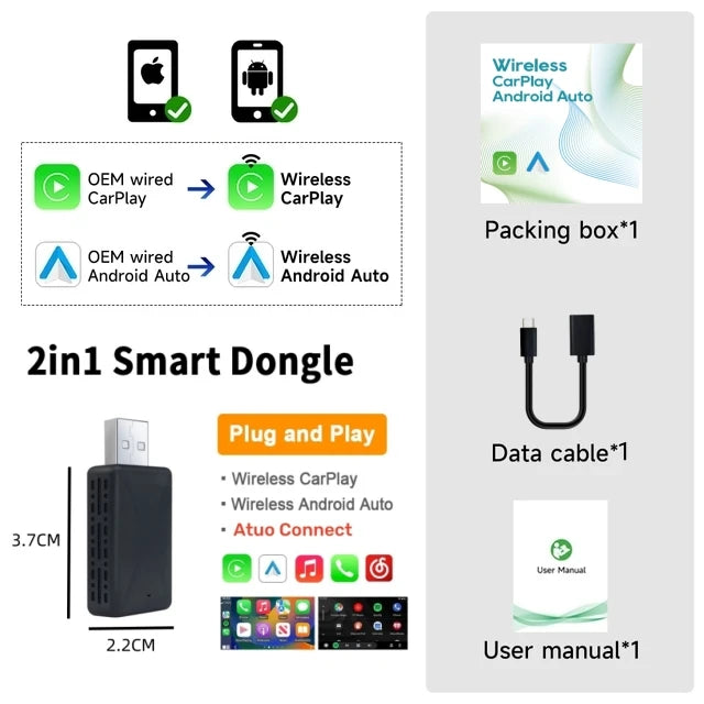 Adaptateur CarPlay Sans Fil 2-en-1 | Dongle Intelligent Android Auto – Compatible avec Volvo, Mercedes-Benz, Audi, Kia, Hyundai, VW, Mazda, Cadillac, MG, Peugeot – Compatible avec Volvo, Mercedes-Benz, Audi, Kia, Hyundai, VW