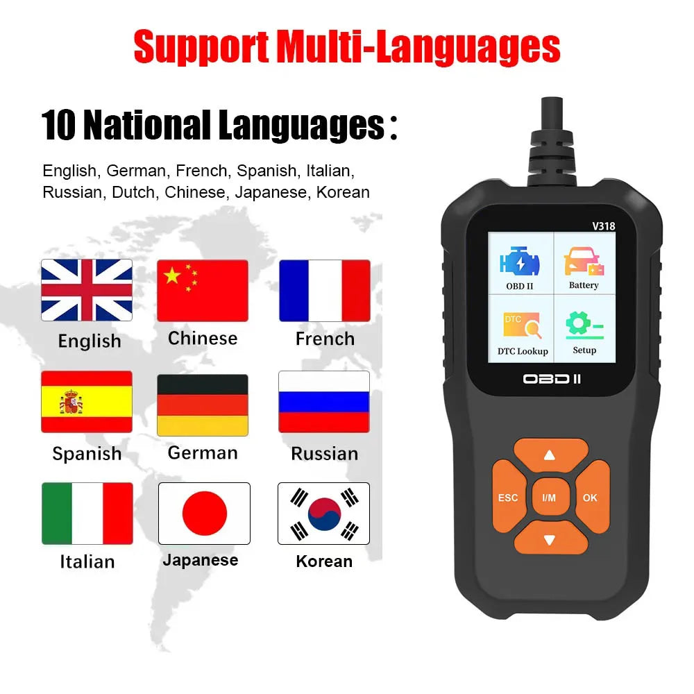 V318 Outil de Diagnostic Auto Scanner Testeur de Batterie Automobile OBD2 – Efface les Défauts, Détecte les Pannes, Prend en Charge Plusieurs Langues.