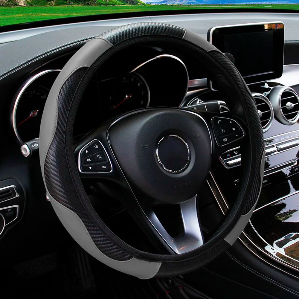 Housse de volant de voiture en cuir fibre de carbone PU sans anneau intérieur, adaptée aux volants de 14,5 à 15 pouces – Accessoires automobiles.