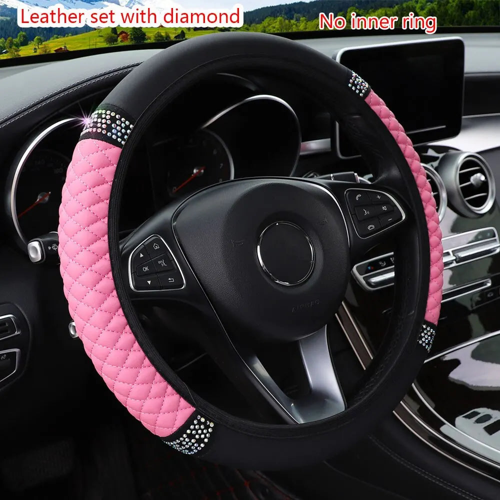 Housse de Volant Voiture Sans Anneau Intérieur – Cuir Respirant avec Broderie & Strass – 37-38 cm