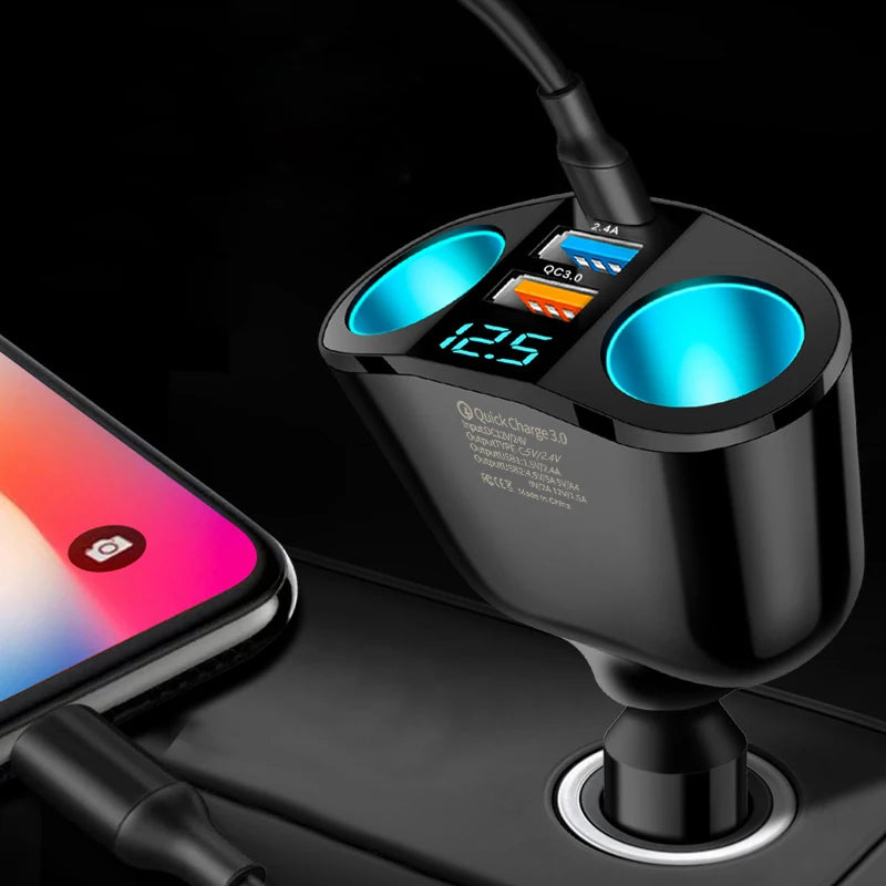 Chargeur de Voiture Double Port avec Affichage Numérique – Charge Simultanée de Plusieurs Appareils