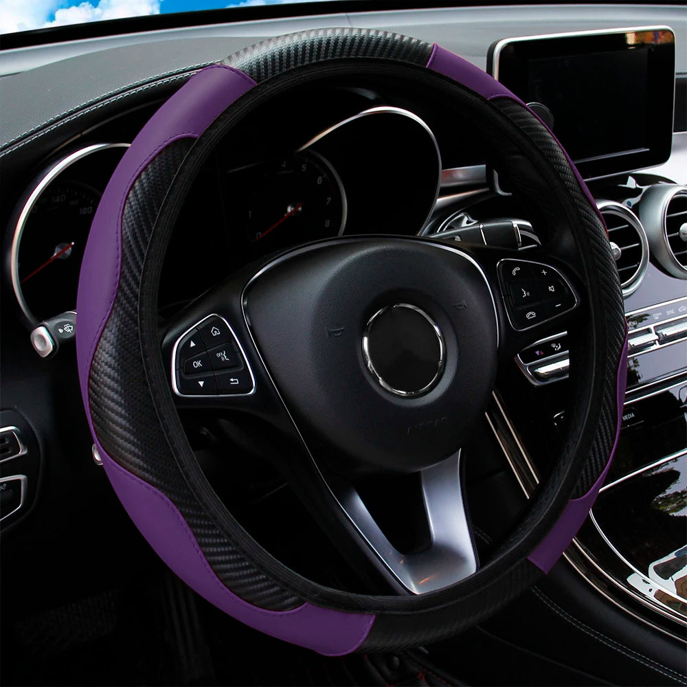 Housse de volant de voiture en cuir fibre de carbone PU sans anneau intérieur, adaptée aux volants de 14,5 à 15 pouces – Accessoires automobiles.