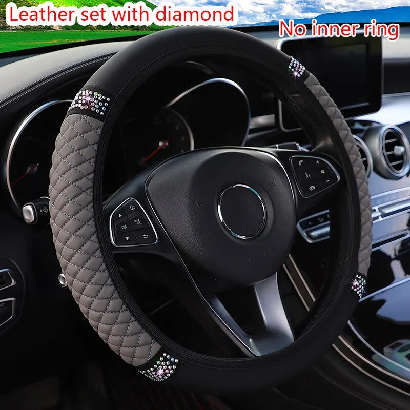 Housse de Volant Voiture Sans Anneau Intérieur – Cuir Respirant avec Broderie & Strass – 37-38 cm