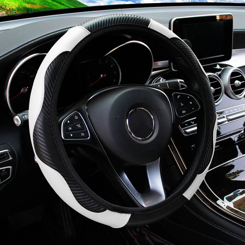 Housse de volant de voiture en cuir fibre de carbone PU sans anneau intérieur, adaptée aux volants de 14,5 à 15 pouces – Accessoires automobiles.
