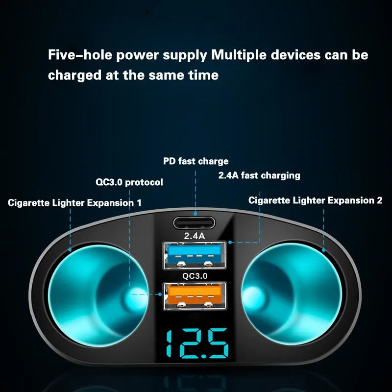 Chargeur de Voiture Double Port avec Affichage Numérique – Charge Simultanée de Plusieurs Appareils