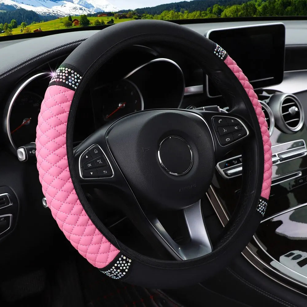 Housse de Volant Voiture Sans Anneau Intérieur – Cuir Respirant avec Broderie & Strass – 37-38 cm