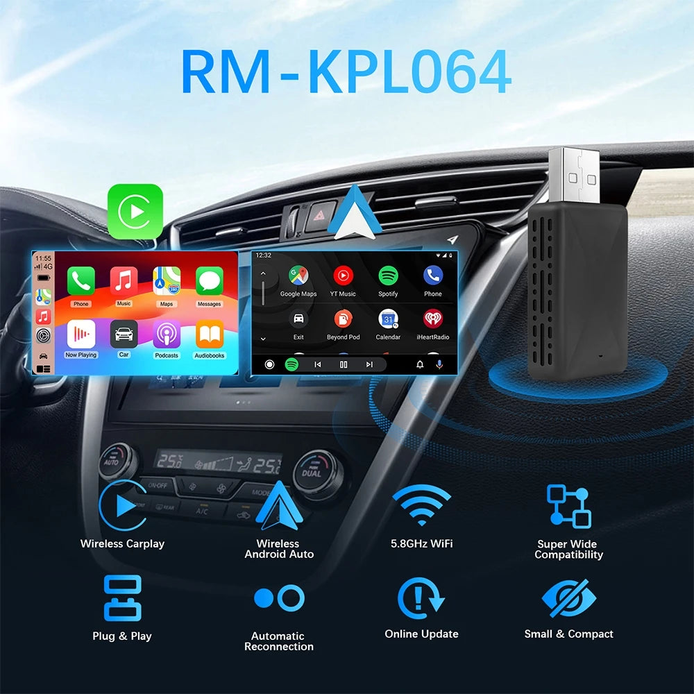 Adaptateur CarPlay Sans Fil 2-en-1 | Dongle Intelligent Android Auto – Compatible avec Volvo, Mercedes-Benz, Audi, Kia, Hyundai, VW, Mazda, Cadillac, MG, Peugeot – Compatible avec Volvo, Mercedes-Benz, Audi, Kia, Hyundai, VW
