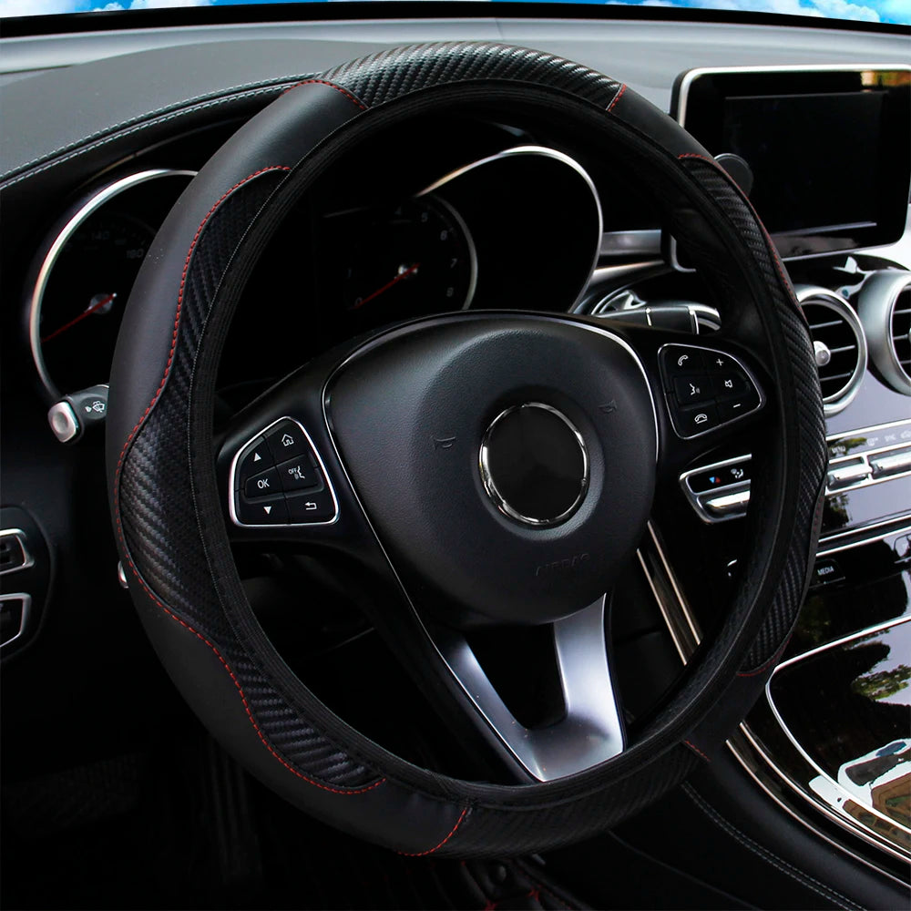 Housse de volant de voiture en cuir fibre de carbone PU sans anneau intérieur, adaptée aux volants de 14,5 à 15 pouces – Accessoires automobiles.