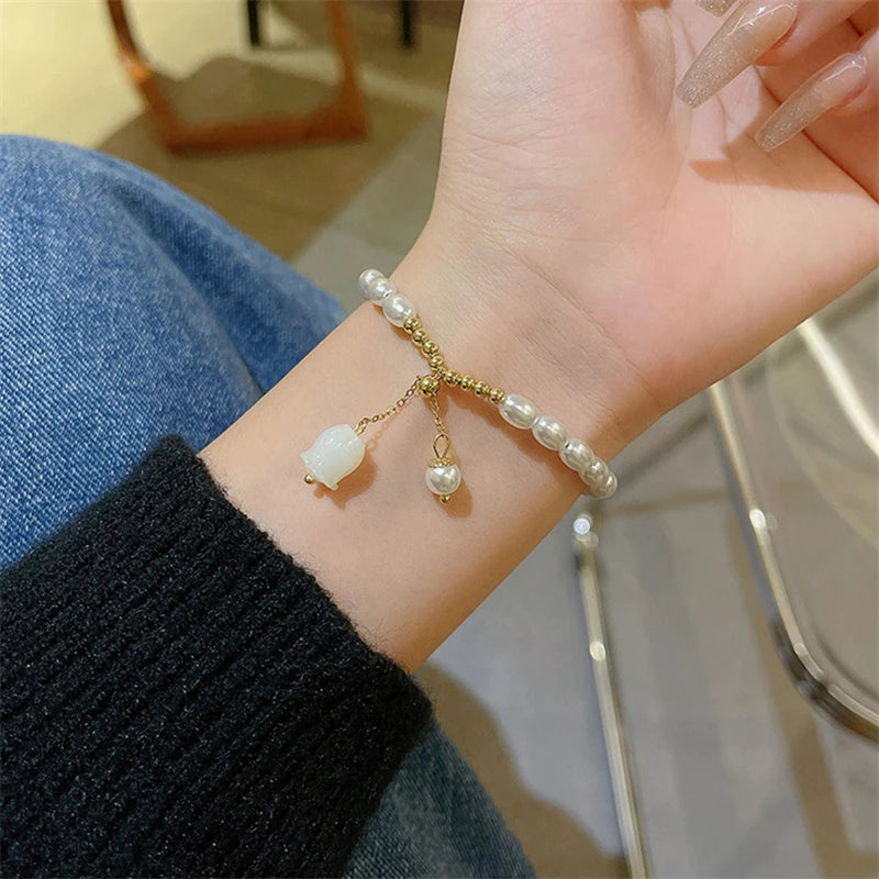 🌷 Bracelet Tulipe en Opale Exquise – Élégance Coréenne et Luxe Discret