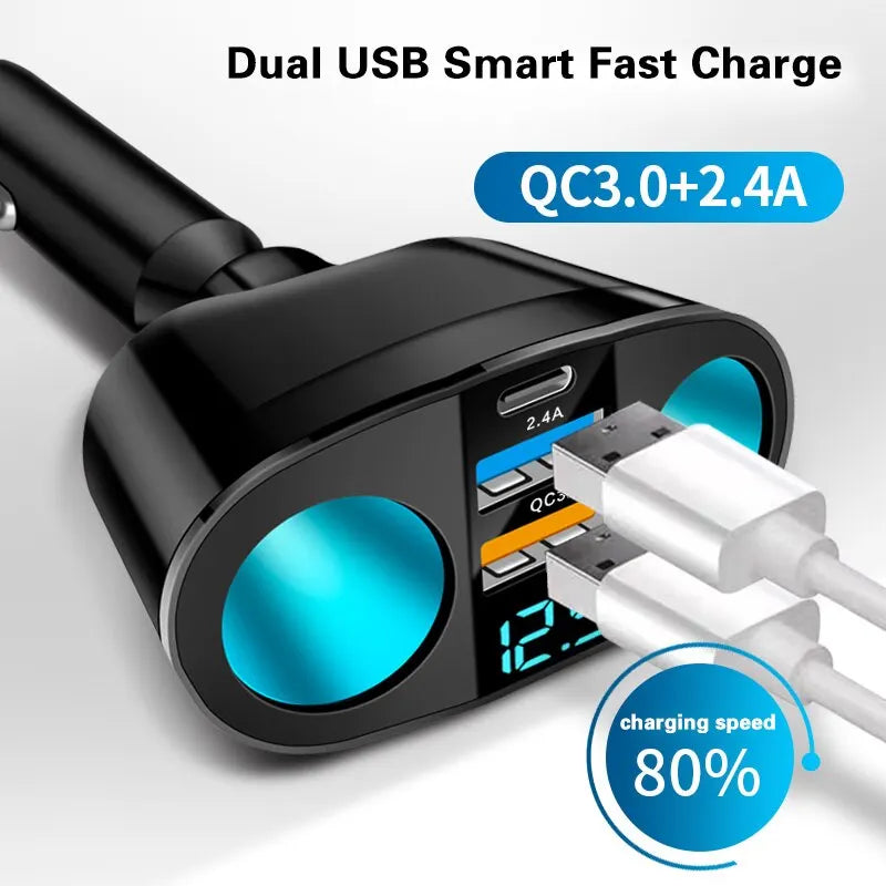 Chargeur de Voiture Double Port avec Affichage Numérique – Charge Simultanée de Plusieurs Appareils