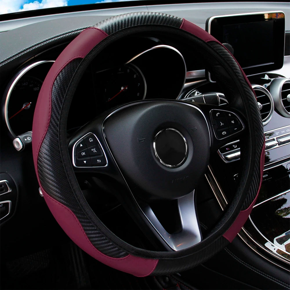 Housse de volant de voiture en cuir fibre de carbone PU sans anneau intérieur, adaptée aux volants de 14,5 à 15 pouces – Accessoires automobiles.