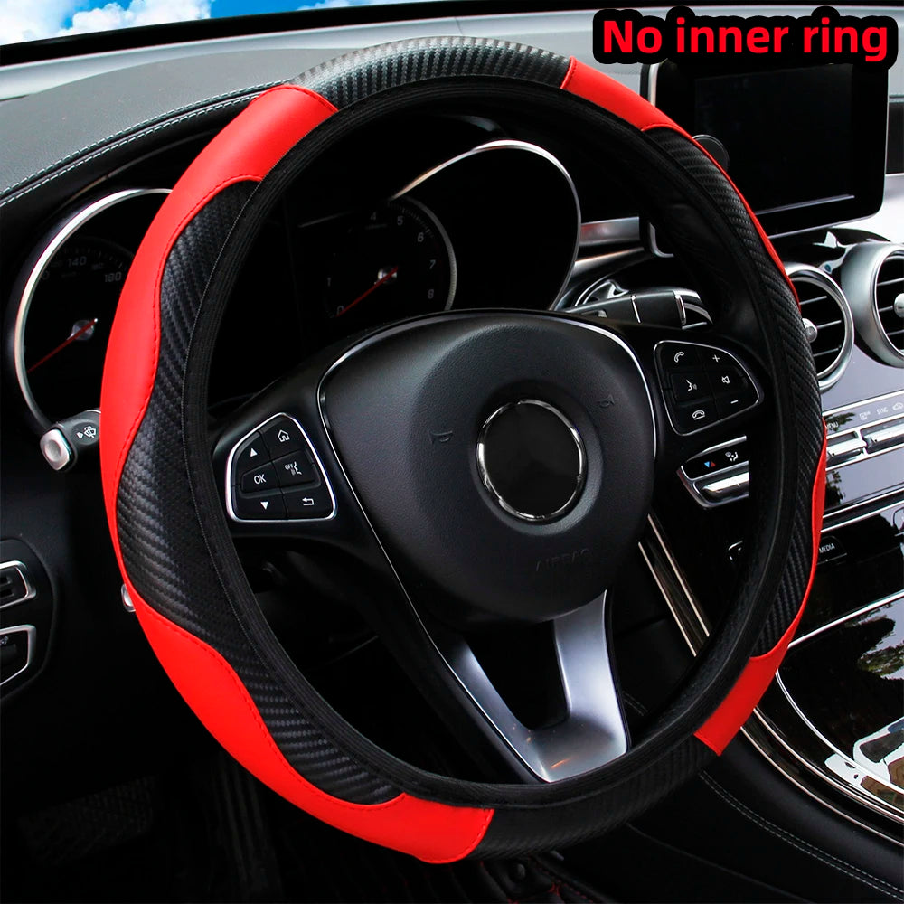 Housse de volant de voiture en cuir fibre de carbone PU sans anneau intérieur, adaptée aux volants de 14,5 à 15 pouces – Accessoires automobiles.