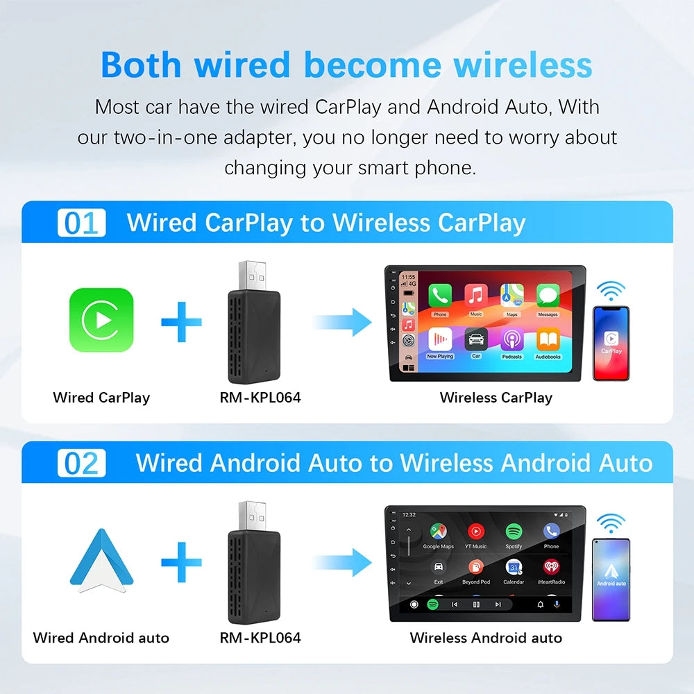 Adaptateur CarPlay Sans Fil 2-en-1 | Dongle Intelligent Android Auto – Compatible avec Volvo, Mercedes-Benz, Audi, Kia, Hyundai, VW, Mazda, Cadillac, MG, Peugeot – Compatible avec Volvo, Mercedes-Benz, Audi, Kia, Hyundai, VW