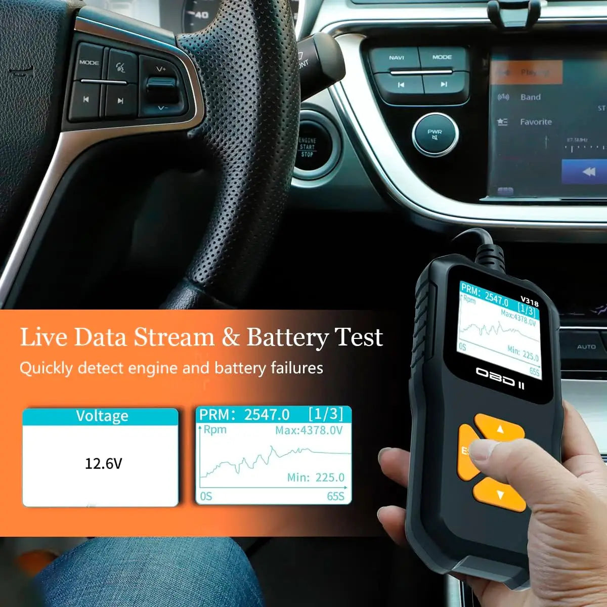 V318 Outil de Diagnostic Auto Scanner Testeur de Batterie Automobile OBD2 – Efface les Défauts, Détecte les Pannes, Prend en Charge Plusieurs Langues.