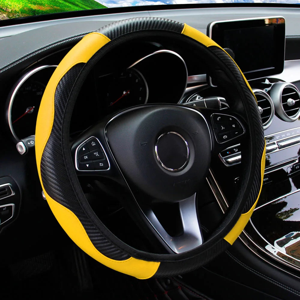 Housse de volant de voiture en cuir fibre de carbone PU sans anneau intérieur, adaptée aux volants de 14,5 à 15 pouces – Accessoires automobiles.