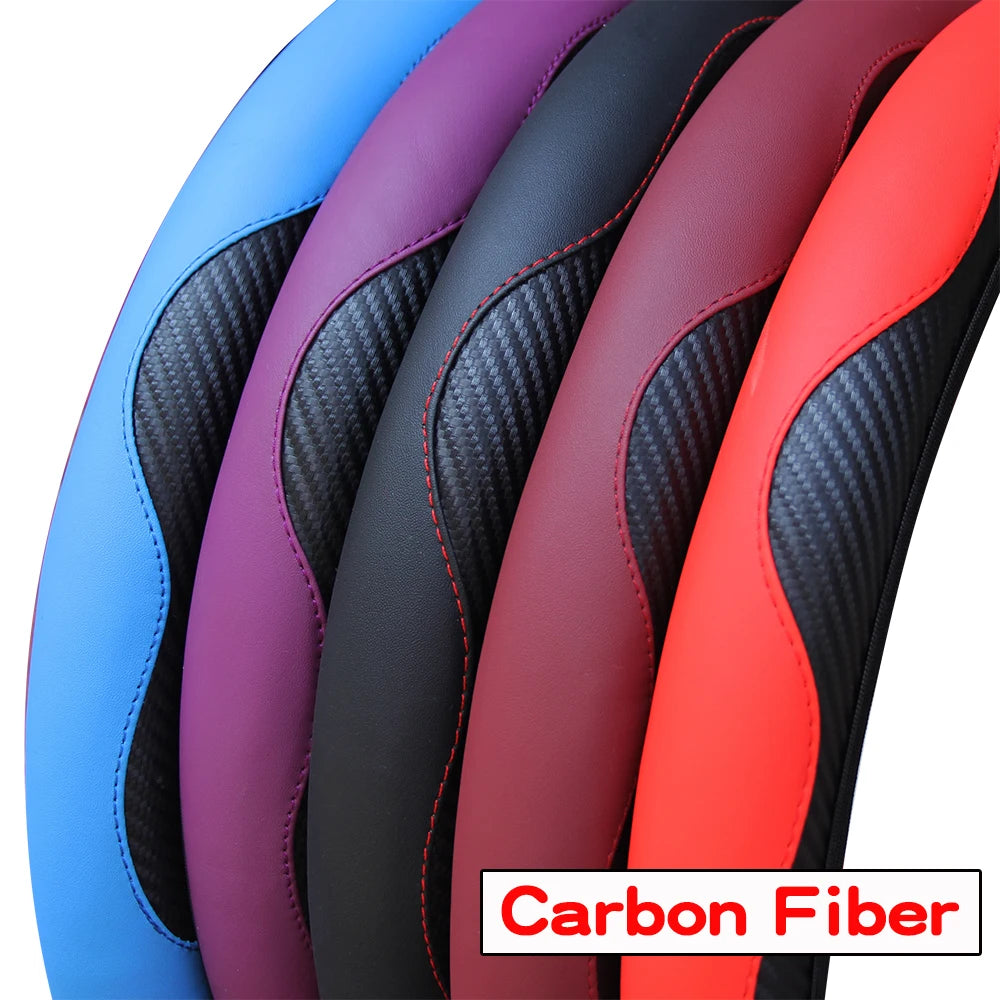 Housse de volant de voiture en cuir fibre de carbone PU sans anneau intérieur, adaptée aux volants de 14,5 à 15 pouces – Accessoires automobiles.