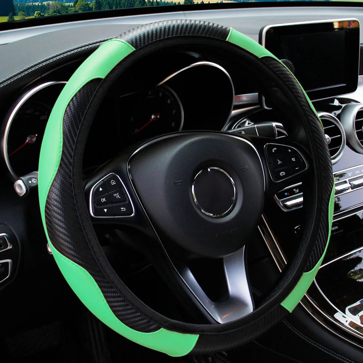 Housse de volant de voiture en cuir fibre de carbone PU sans anneau intérieur, adaptée aux volants de 14,5 à 15 pouces – Accessoires automobiles.