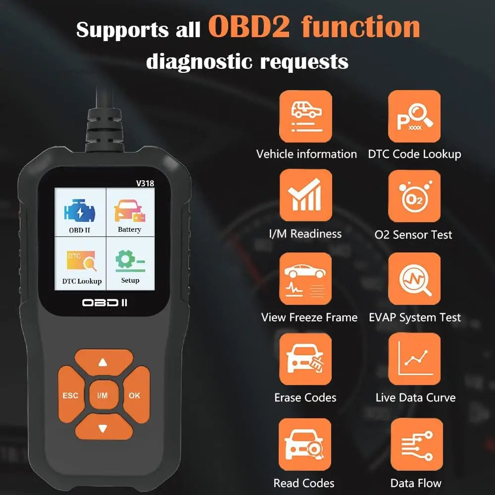 V318 Outil de Diagnostic Auto Scanner Testeur de Batterie Automobile OBD2 – Efface les Défauts, Détecte les Pannes, Prend en Charge Plusieurs Langues.