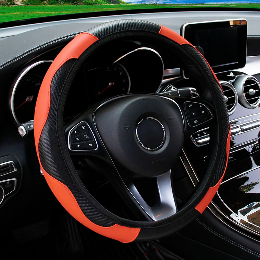 Housse de volant de voiture en cuir fibre de carbone PU sans anneau intérieur, adaptée aux volants de 14,5 à 15 pouces – Accessoires automobiles.