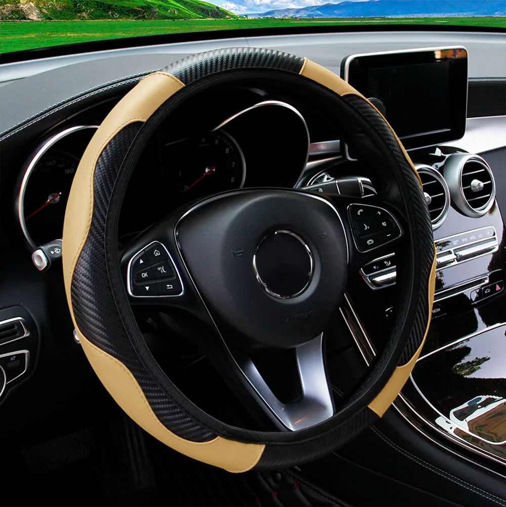 Housse de volant de voiture en cuir fibre de carbone PU sans anneau intérieur, adaptée aux volants de 14,5 à 15 pouces – Accessoires automobiles.