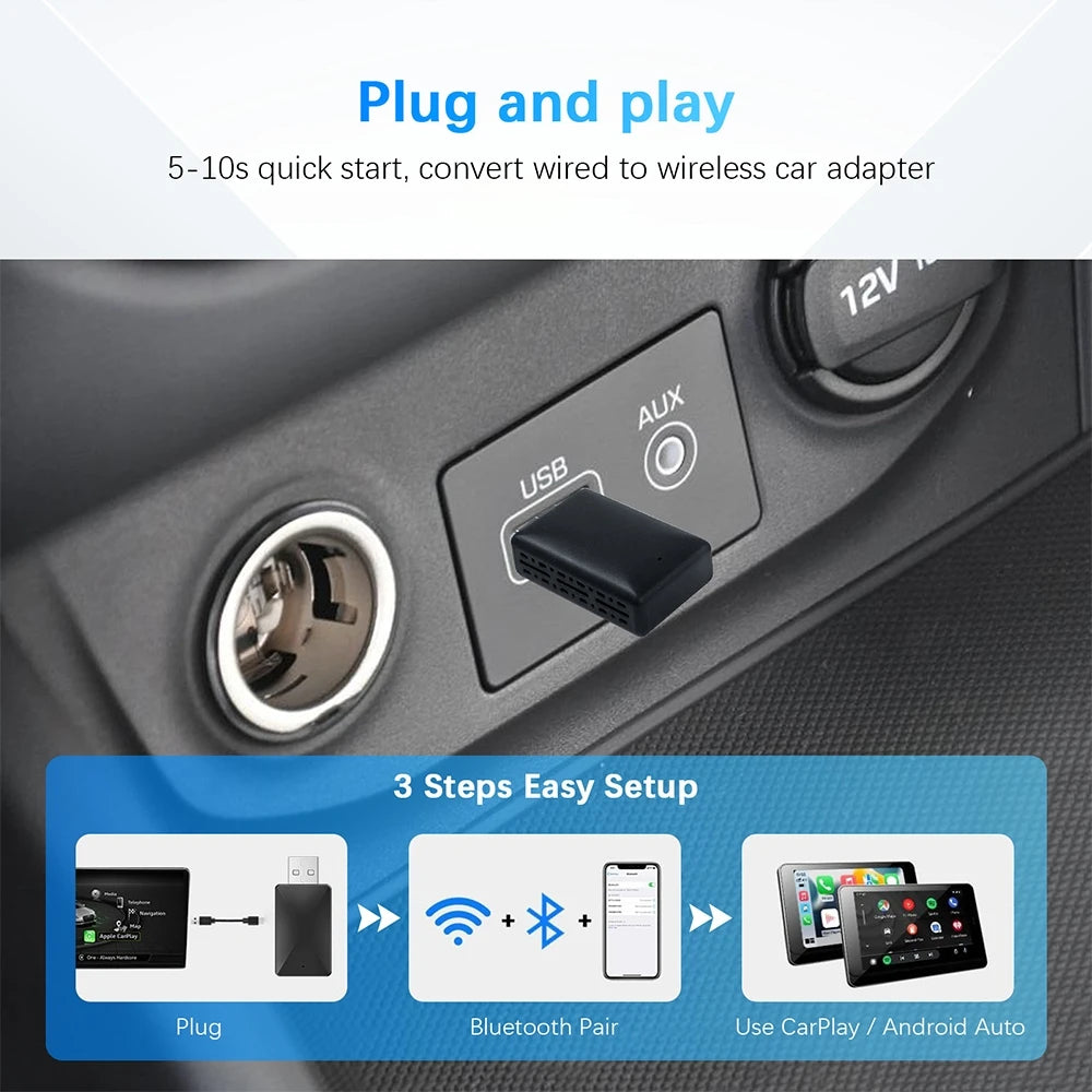 Adaptateur CarPlay Sans Fil 2-en-1 | Dongle Intelligent Android Auto – Compatible avec Volvo, Mercedes-Benz, Audi, Kia, Hyundai, VW, Mazda, Cadillac, MG, Peugeot – Compatible avec Volvo, Mercedes-Benz, Audi, Kia, Hyundai, VW