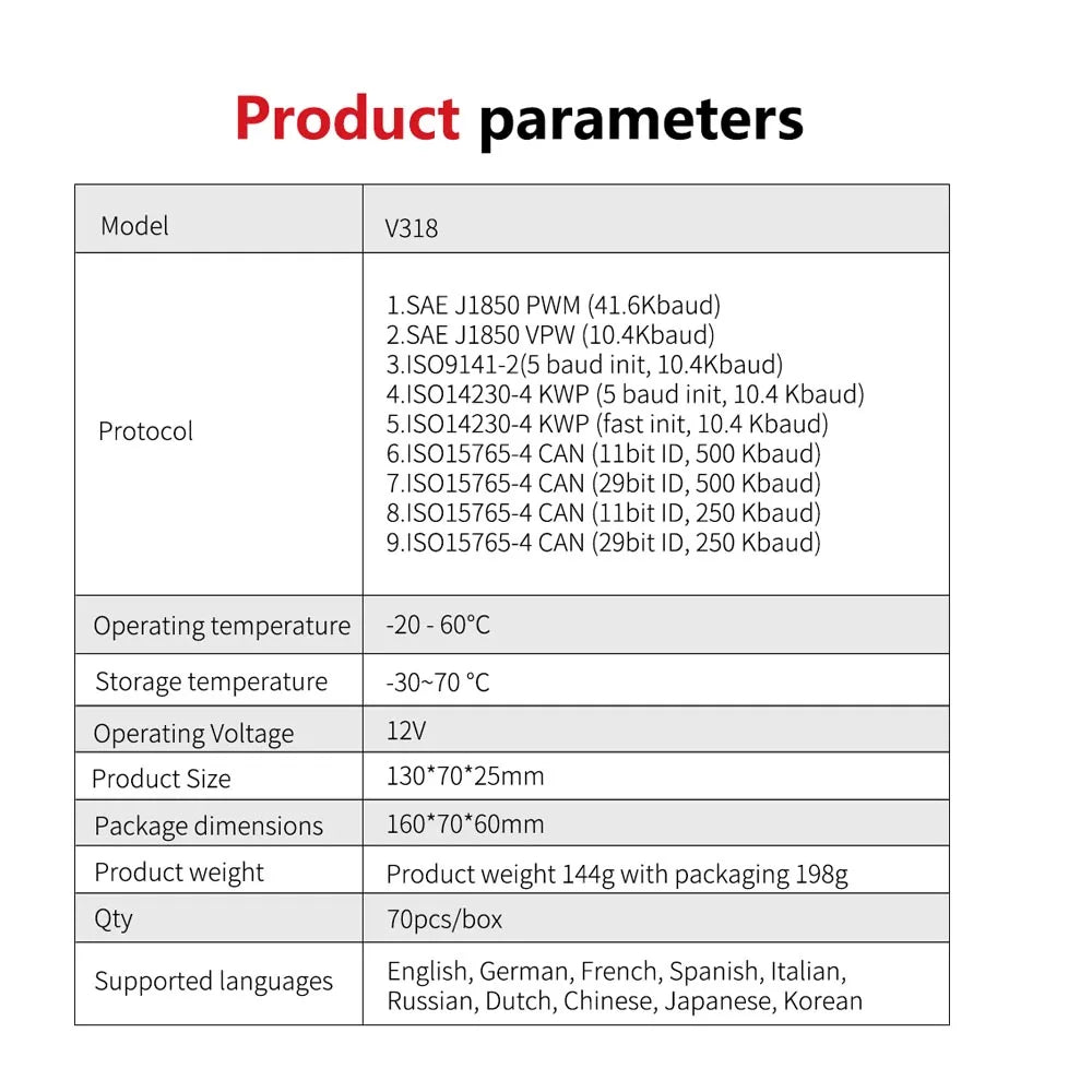 V318 Outil de Diagnostic Auto Scanner Testeur de Batterie Automobile OBD2 – Efface les Défauts, Détecte les Pannes, Prend en Charge Plusieurs Langues.