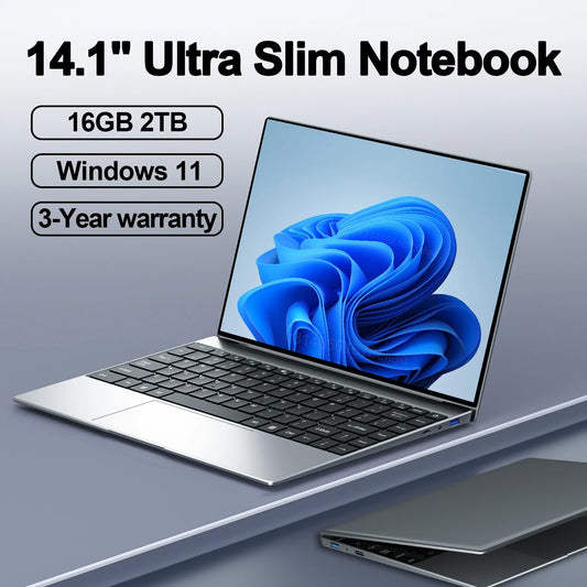 💻 Ordinateur Portable Ultra Fin 14,1" – Intel N3700 – 16 Go RAM, SSD 2 To – Windows 11 Pro – Écran Full HD 1920×1080 – PC Gamer / Bureau / Études