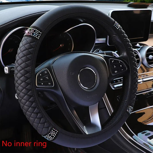 Housse de Volant Voiture Sans Anneau Intérieur – Cuir Respirant avec Broderie & Strass – 37-38 cm