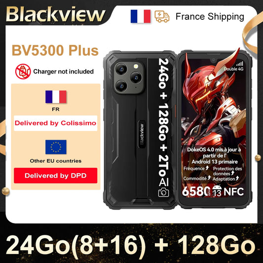 Blackview BV5300 Plus (NFC) [Sans chargeur EU]
Android 13 – Écran 6,1"
Mémoire : 24 Go (8 Go + 16 Go étendue) + 128 Go – Extensible par carte SD jusqu’à 2 To
Batterie : 6580 mAh
Appareil photo : 13 MP
Certifié IP68 – Étanche, antichoc, antipoussière
Doubl