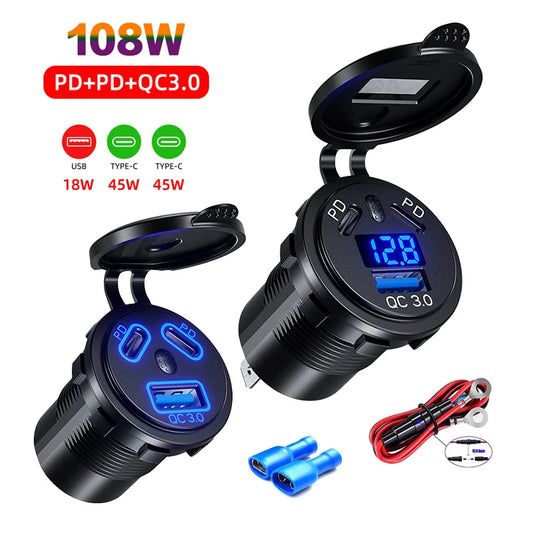 Prise USB 12V/24V – Chargeur de voiture 108W à 3 ports, double port Type-C PD 45W et QC 3.0 18W – Prise de moto, adaptateur de charge pour prise d’alimentation