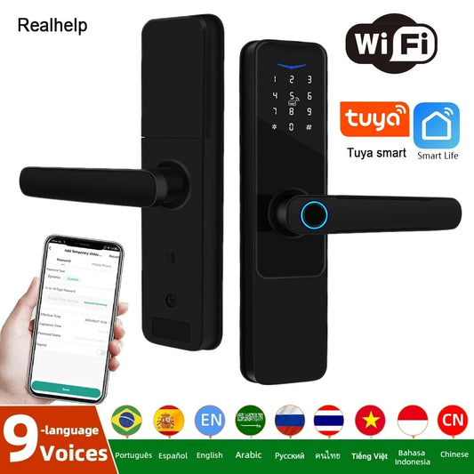 Serrure de porte intelligente avec poignée – Entrée sans clé pour porte d'entrée – Serrure WiFi – Contrôle à distance via l'application Smart Life – Épaisseur de porte compatible : 35 à 120 mm