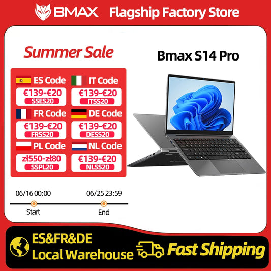 💻 BMAX S14 Pro – Ordinateur Portable 14" – Windows 11
Processeur Intel N5000 | 8 Go RAM | SSD 256 Go | Écran Full HD 1920×1080 | Wi-Fi | USB | Double Notebook | PC Portable Léger